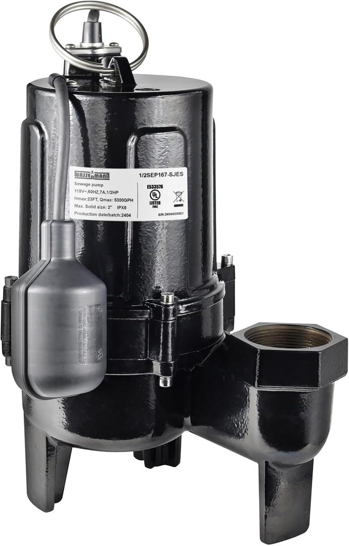 WASSERMANN 3/4 HP Sewage Pump 2 inch Discharge with Auto Float Switch, 115V 7200 GPH Cast Iron Submersible Sewer Pump, Sump Pump for Basement Sump Basin Sewer Well 2" NPT Discharge with 10 FT Cable
