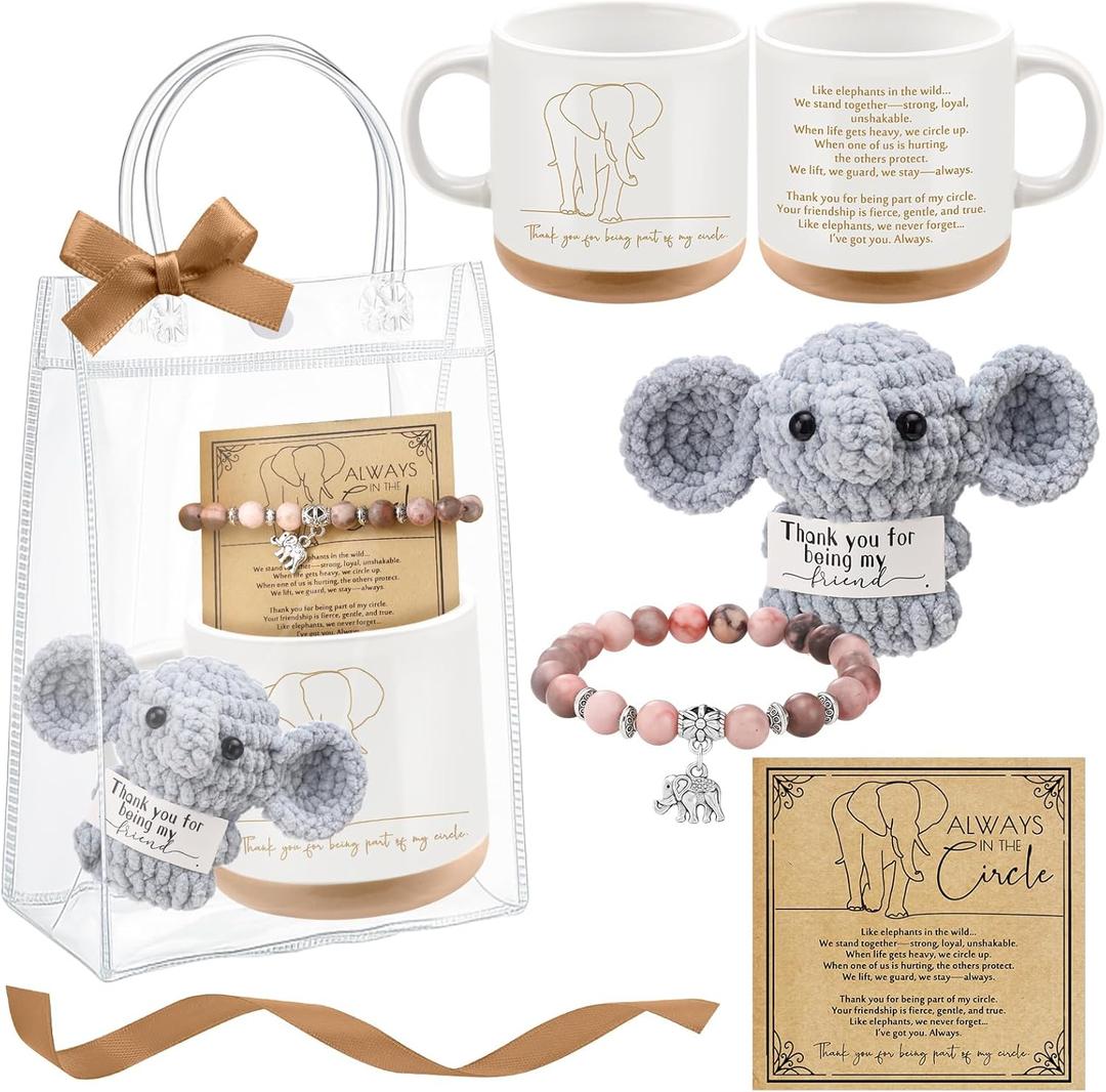 Roshtia Elephant Friendship Gift for Women Sisterhood Thank You Support Gift with Mug, Cute Crochet Elephant, Card, Bracelet and Bag for Social Worker Best Friend Coworker Birthday Party Favor, 1 Set