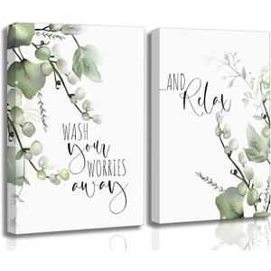 2 Pcs Botanical Canvas Wall Art Green Eucalyptus Leaves Picture Wall Decor Plant Watercolor Bathroom Poster Print for Toilet Laundry Clean Room Home Decoration
