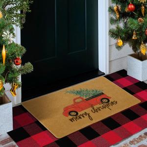 Ceenna Christmas Decor Doormat Combo Set Merry Christmas 17'' x 29'' Coir Welcome Mat and 23.6'' x 51.2'' Buffalo Plaid Rug Front Layered Door Mats Red and Black Entryway Patio Outdoor Decoration