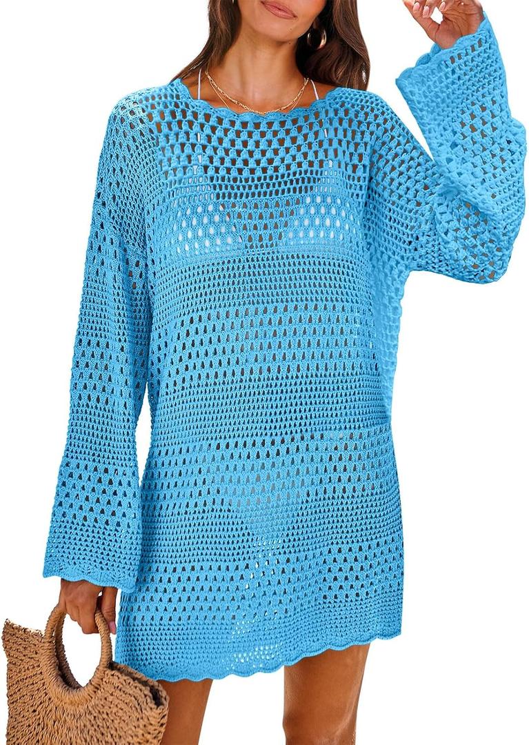 ANRABESS Women Swimsuit Crochet Swim Cover Up 2026 Summer Bathing Suit Swimwear Mesh Knit Beach Dress Vacation Outfits (Small, Blue)
