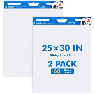Maxtek Chart Paper 25"x30", Large Sticky Easel Pad with 2 Packs, 60 Sheets, Upgraded Big Anchor Flip Chart Paper with Super Sticky Back, Self-Stick Paper for Walls & Easels