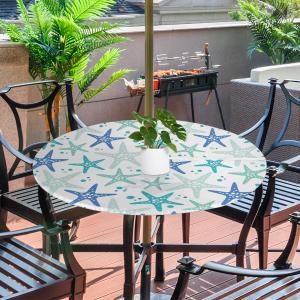 GzLeyigou Round Table Cloth Cover for Home Elastic Edge Waterproof Fitted Table Covers, 45"-56" Round Tablecloth for Picnic, Camping, Indoor and Outdoor, Blue Starfishes