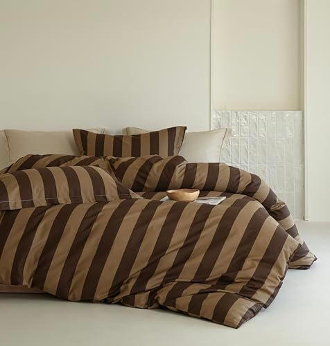 Solycoil Comforter Set Queen Size - 100% Natural Cotton Brown and Begie Striped Comforter 3pcs, Hypoallergenic Soft Bedding Set