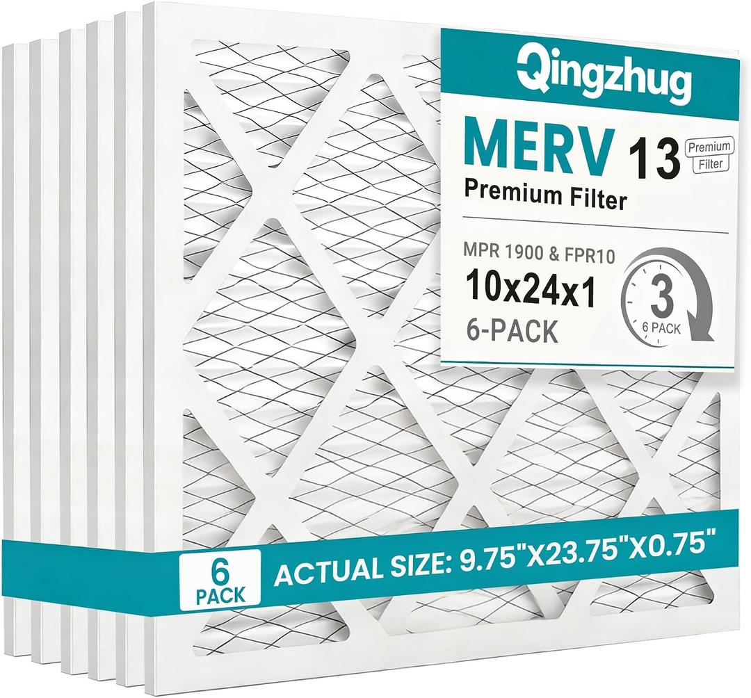 10x24x1 MERV 13 (6-Pack) Pleated Air Filter (Actual Size: 9.5"x23.5"x0.75") MPR 1900 & FPR 10, Furnace Air Filters