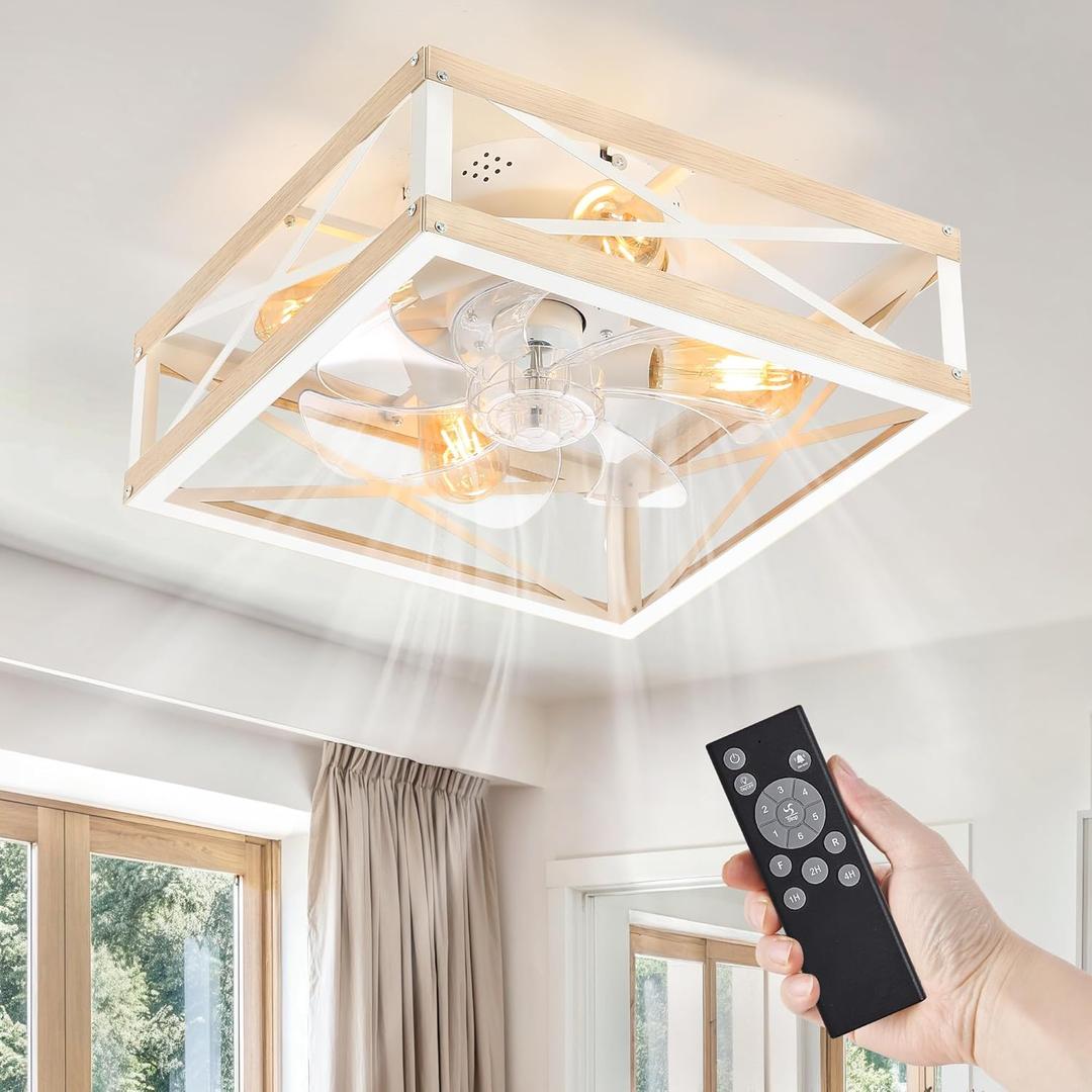 LEDIARY Caged Flush Mount Ceiling Fans with Lights and Remote, Farmhouse Square Low Profile Ceiling Fan, 6 Speed and Reversible, Small Rustic Bladeless Ceiling Fan for Bedroom, Kitchen, Dining Room