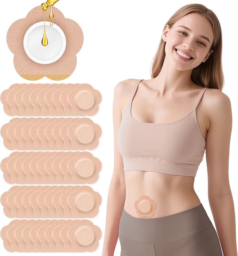 52PCS Castor Oil Patches, Castor Oil Pack Wrap Disposable Organic Cotton Self-Adhesive Pads for Belly Button, Anti Leakage Design, Breathable & Portable, No Wash (Beige)
