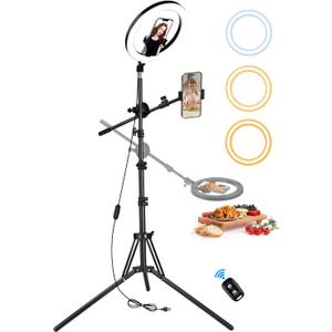 10'' Ring Light Tripod for iPhone, Selfie Ring Light with Stand for iPhone, Overhead Phone Mount with Light, Phone Light for Cooking Videos/Live Streaming/Video Recording