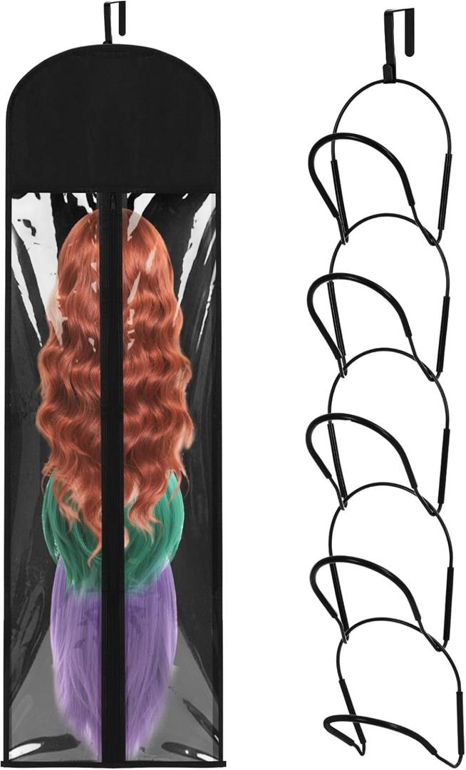 Blulu 5 Pcs Wig Hangers Rack for Multiple Wigs with Dust-proof Storage Bags, Hanging Storage Organizer for Hat with Anti-slip Grips Space Saving for Door Wall Closet Bathroom (Black)