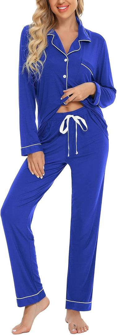 Anjue Button Up Pajamas for Women Long Sleeve Shirt and Pajama Pants Lounge Setы (Cobalt Blue), L Size