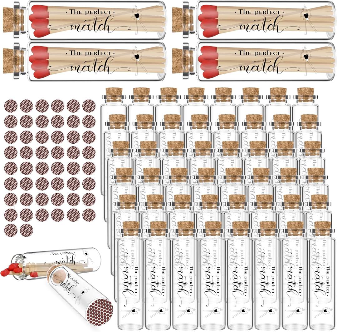 50 Pcs Empty Matches Jars with 50 Round Striker Stickers 20ml Small Glass Bottles with Cork Mini Clear Glass Jar Matches Bottles for Wedding Favors, DIY Spell Jars, Party Gifts, Match Storage