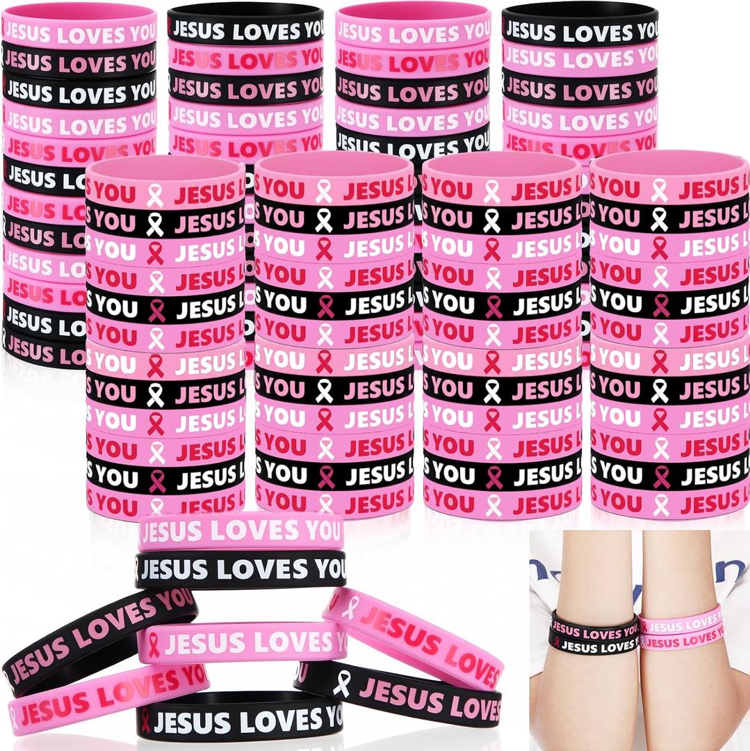 Cunno 100 Pcs Breast Cancer Awareness Pink Ribbon Bracelets Bulk Silicone Wristbands Jesus Loves You Rubber Accessories for Women Breast Cancer Awareness Gifts Supplies Party Favors