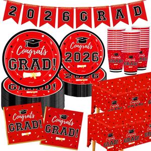 Graduation Decorations 2026 Disposable Red Graduation Tableware Kit for 25 Guests Plates Napkins Cups Tablecloth Hanging Graduation Party Decorations 2026