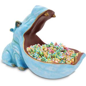 aboxoo Hippo Statue Home Resin Hippopotamus Figurine Fun Candy Dish,Key Bowl,Big Mouth Sculpture Table Art Decoration Sundries Container Storage Box (Light Blue)