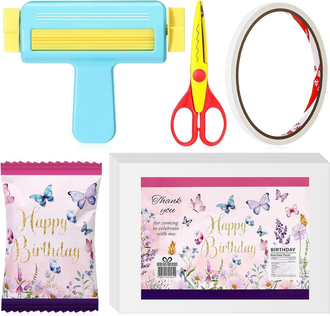 Paper Crimper, Pinking Shears, 30 Sheets Butterfly Glossy Thin Inkjet Paper, Double Sided Tape for Crafts Butterfly Birthday Party Supplies for Chip Bag Making