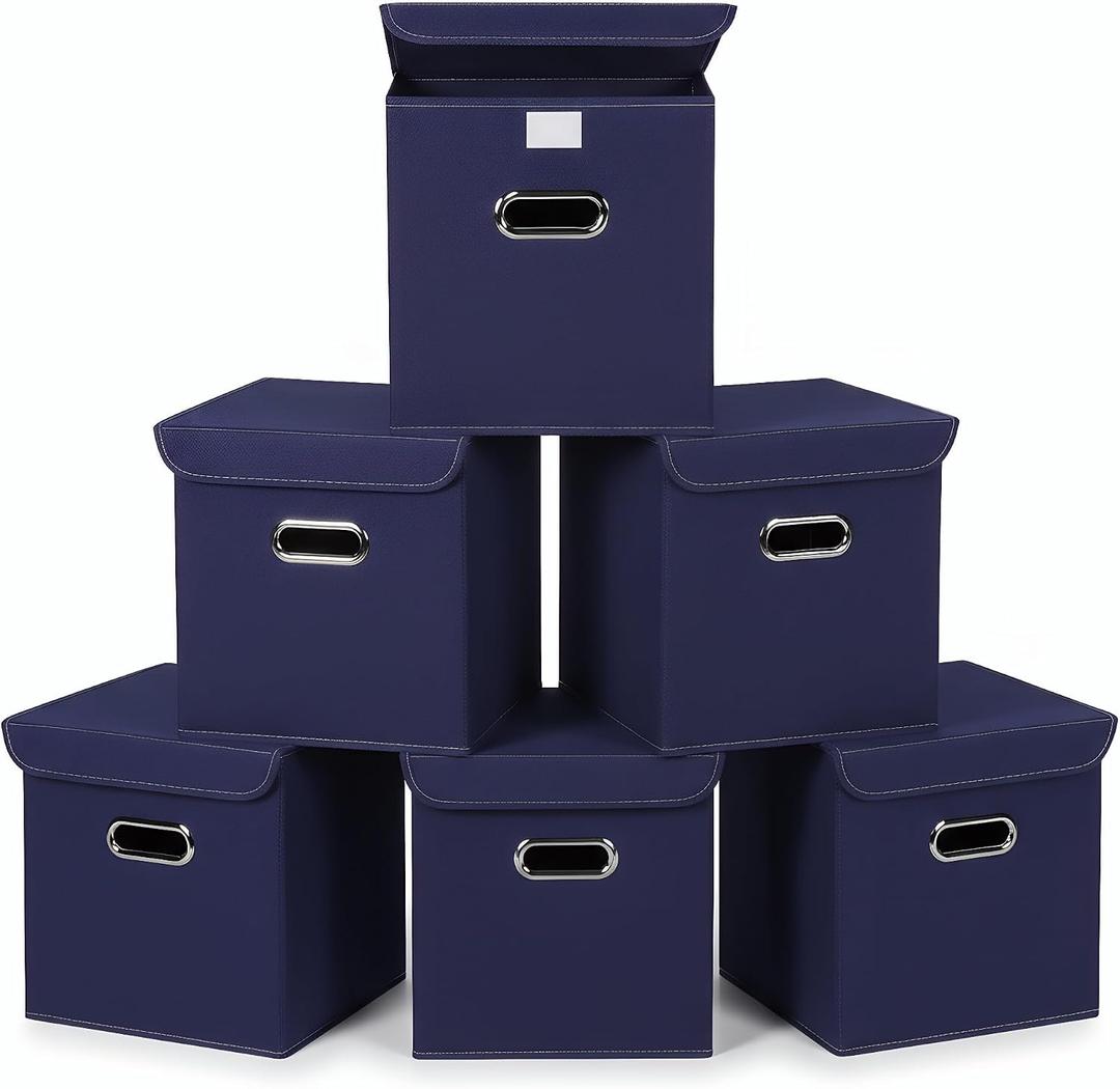 Closet Organizers Fabric Storage Bins With Lids Collapsible Cube Storage Organizer Basket With Handles,Storage Boxes for Clothes Storage,Office,Laundry,Shelves,6 Pack,（Navy Blue）