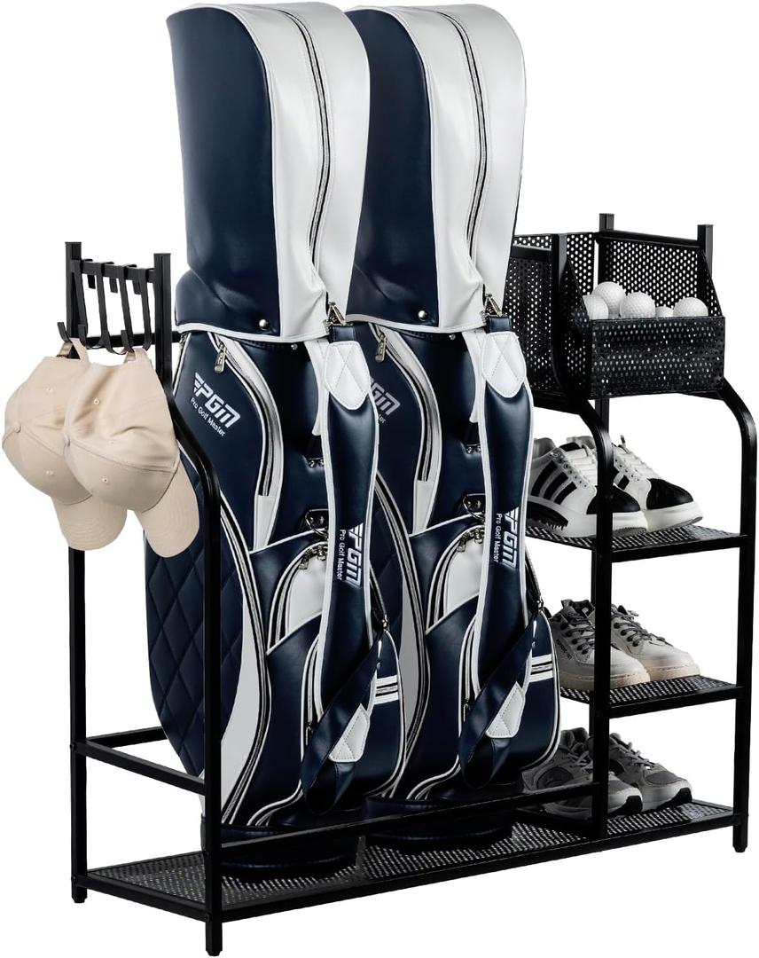 MyGift Golf Bag Stand for Garage, Black Metal Extra Large Golf Garage Storage Organizer with 4 Shelf Ball Holder, Shoe Organizer, and 5 Hook Hanger, Golf Accessories Gift for Men