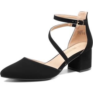 DREAM PAIRS Women's Closed Pointed Toe Low Chunky Heels Pumps Ankle Strap Wedding Business Dressy Shoes (8, Black-nubuck)