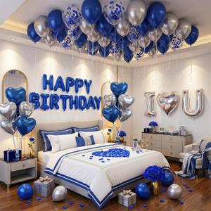 Romantic Birthday Decorations for Him I LOVE YOU & HAPPY BIRTHDAY Foil Balloons & Rose Petals,Blue Silver Special Night Decorations, Husband Anniversary Surprise,Bedroom,Men Boyfriend Hotel Decor