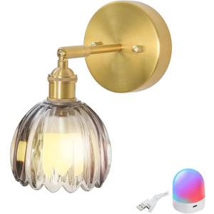 Battery-Operated Vintage Tulip Wall Sconce, RGBWCCT Rechargeable Bulb with 9 Colors, Tulip Smoke-Grey Glass and Brass Metal Frame, 90 Swivel Head, for Living Room Bedroom Hallway