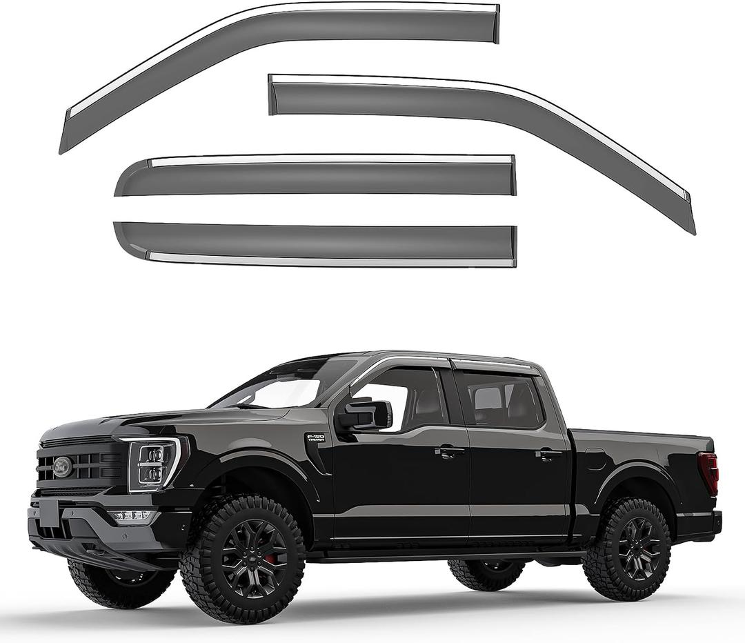 Window Rain Guards for 2015-2025 Ford F150 Supercrew Cab,Tape-On Rain Guards for Car Windows,Vent Deflector Visor,with Chrome Trim Window Visor,F150 Truck Accessories-4 Pcs