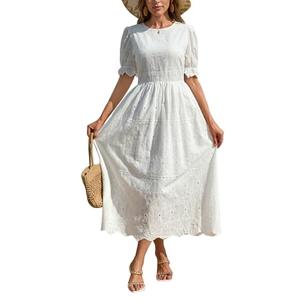 Midi Dress for Women Elegant Dresses Floral Eyelet Puff Sleeve Dress with Cinched Waist Casual Summer Party Dress White, Medium