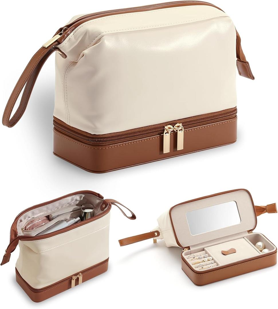 2-In-1 Jewelry Box and Makeup Bag with Mirror - Versatile Travel Jewelry Holder Organizer Cosmetic Bag, Portable Toiletry Bag with Integrated Jewelry Makeup Case for Women Men (White & Brown)