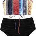 ZAFUL Women's High Waisted Bikini Set Crisscross Tankini Swimsuit Tummy Control Ruched Bathing Suit (Medium, Tp-1-multi-a)