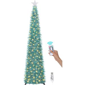 6 FT Pop Up Christmas Tree with 100 LED Timer Lights & Remote, Purple Collapsible Christmas Tinsel Tree Artificial Pencil Tree Xmas Decoration for Holiday Home Office Party, USB Powered