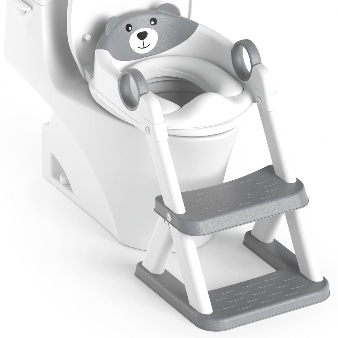 Rabb 1st Potty Training Seat, Toddler Toilet Seat for Kids Boys Girls, 2 in1 Potty Training Toilet with Step Stool, 6 Adjustable Height, Splash Guard, Stable Triangular Anti-Slip Design(Grey)
