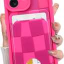 KANGHAR Compatible with iPhone 17 Case 2025, Wallet Silicone Checkered Cute Pattern, Card Holder Camera Protection Soft Slim Shockproof Edge Cover for Girls Women -Hot Pink