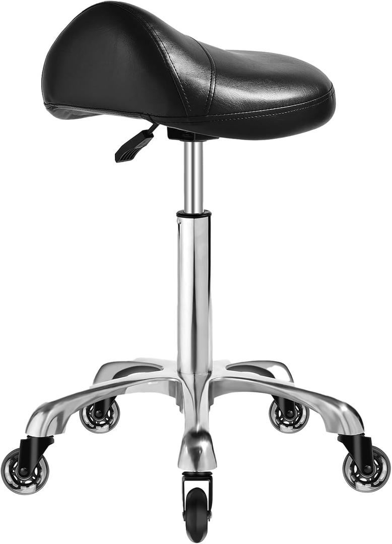 Saddle Stool Chair with Wheels, Ergonomic Thicker Saddle Seat Design for Healthy Sitting Posture, PU Leather, Rolling Saddle Stool with Silent Rubber Wheels Adjustable for Salon Massage Home, Black