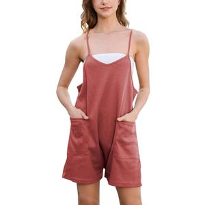Rompers for Women Summer Casual Waffle Knit Sleeveless Romper Spaghetti Strap Shorts Overalls Jumpsuit with Pockets (Small, Pink)