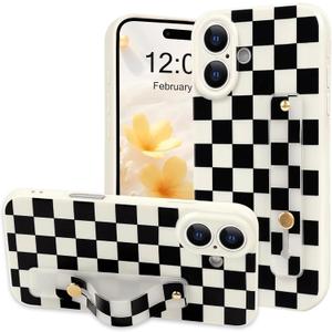 NITITOP Compatible with iPhone 16 Plus Case with Wrist Strap Kickstand Cute Trendy Checkerboard Plaid for Women Girls Slim Fit TPU Shockproof Full Camera Protective Cover - Black and White