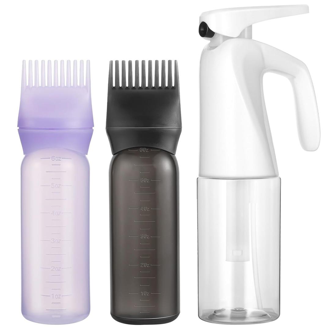 Pimoys Root Comb Applicator Bottle and Continuous Hair Spray Bottle, Hair Oil Applicator Hair Water Mister Oiling Applicator for Dye Hairstyling (Purple and Black)