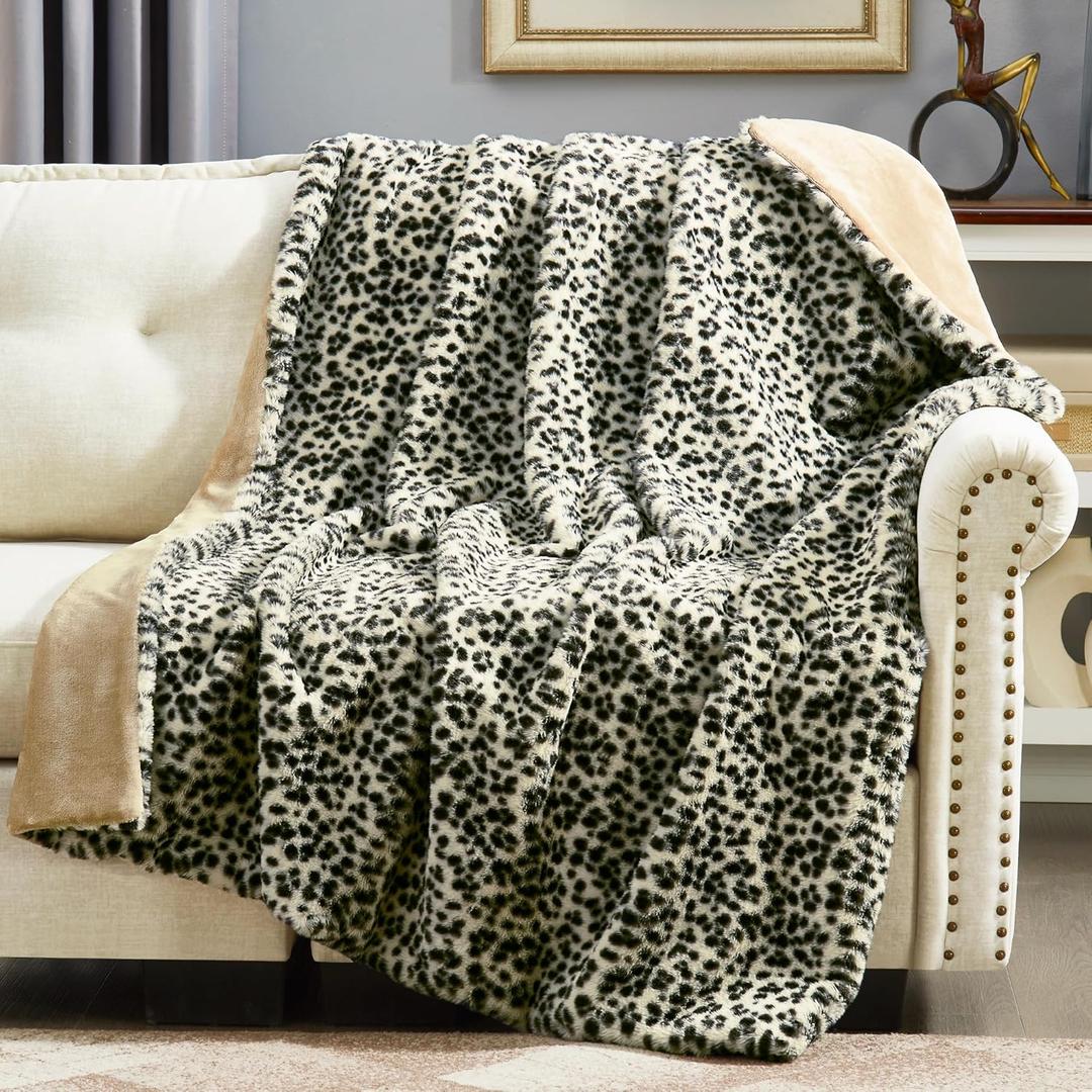 DREAMNINE Luxury Snow Leopard Print Faux Rabbit Fur Blanket Twin Size 60" x 70",Oversized Soft Thick Fluffy Cheetah Furry Blankets,Warm Blanket for Winter, Double Sided Cozy Fuzzy Blankets,White