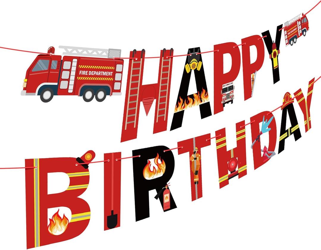 Fire Truck Happy Birthday Banner Sign, Fire Engine Rescue Birthday Bunting Banner Flag Garland for Kids Boys Fire Truck Party Carnival Party Decorations Supplies (Red)