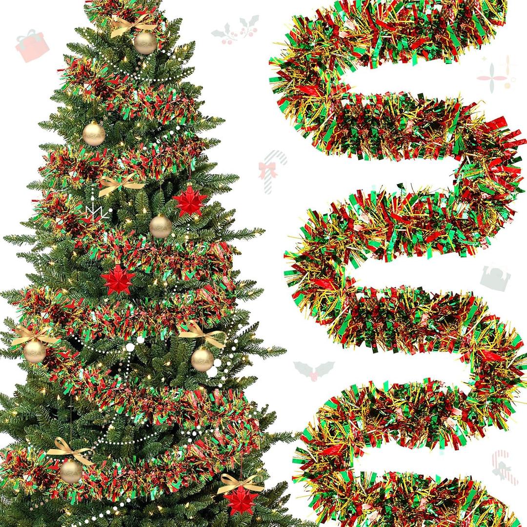 177 Feet Christmas Tinsel Garland Metallic Shiny Hanging Christmas Tree Tinsel Garland Ornaments for Indoor Outdoor Party Wedding Holiday(Red Green Gold)