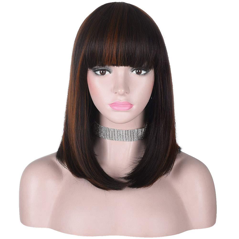 15 Inch Short Straight Brown Highlights Bob Wig with Bangs | Natural Heat Resistant Synthetic Hair for Women Daily Wear