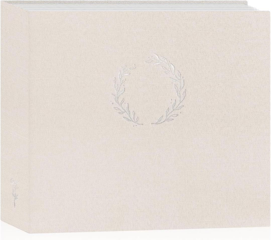 Lanpn Photo Album Scrapbook 8x8, Linen Cover Wreath Design Top Load 3 Ring Folder Binder Photobook Photo Book 8 x 8 inch with 30 Plastic Sleeves 60 Pages Beige