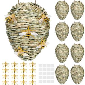 26 Pcs Wasp Nest Decoys Outdoor Set, 8 Handwoven Reed Hornet Nest Deterrent with 16 Realistic Bees & 2 Adhesive Dots, Waterproof Hanging Fake Wasp Nests for Garden, Patio, Porch, Yard