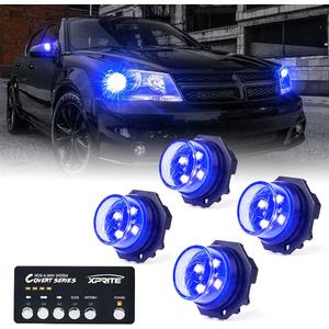 Xprite Blue LED Hideaway Strobe Lights Kit, 20 Flash Modes w/Control Panel Headlights Taillights Fog Light Interior Mounting for Construction Towing Snow Plow Pickup Work Trucks Cars 4 PCS
