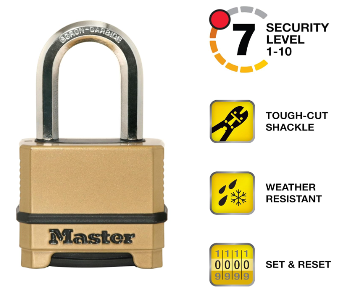 Master Lock Gold Combination Lock, Heavy Duty Weather Resistant Padlock, Resettable Combination Lock for Outdoor Use 1.2 x 2 x 3.87 inches, 1Pack, M175LFEC2