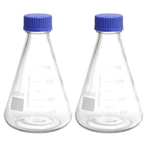 PATIKIL Erlenmeyer Flask, 2 Pcs 1000ml Narrow Mouth Graduated Flasks with Screw Cap Borosilicate Glass Flasks with Printed Graduation for Lab, Experiment, Chemistry, Science Study
