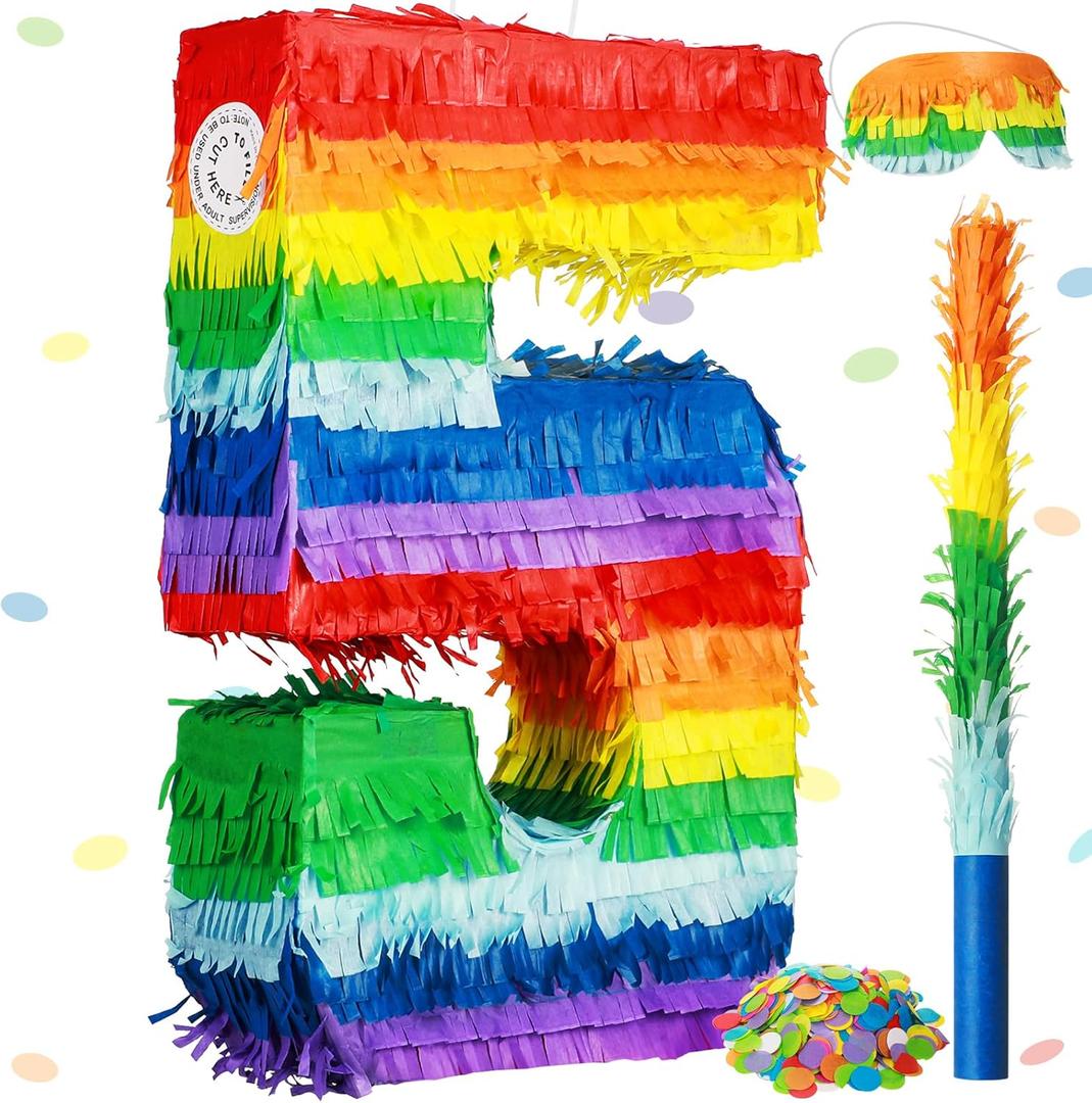 Sratte Rainbow Number Piata Multicolor Piata Small Birthday Party with Blindfold Stick and Confetti for Birthday Anniversary Cinco De Mayo Fiesta Party Decor(Number 5)