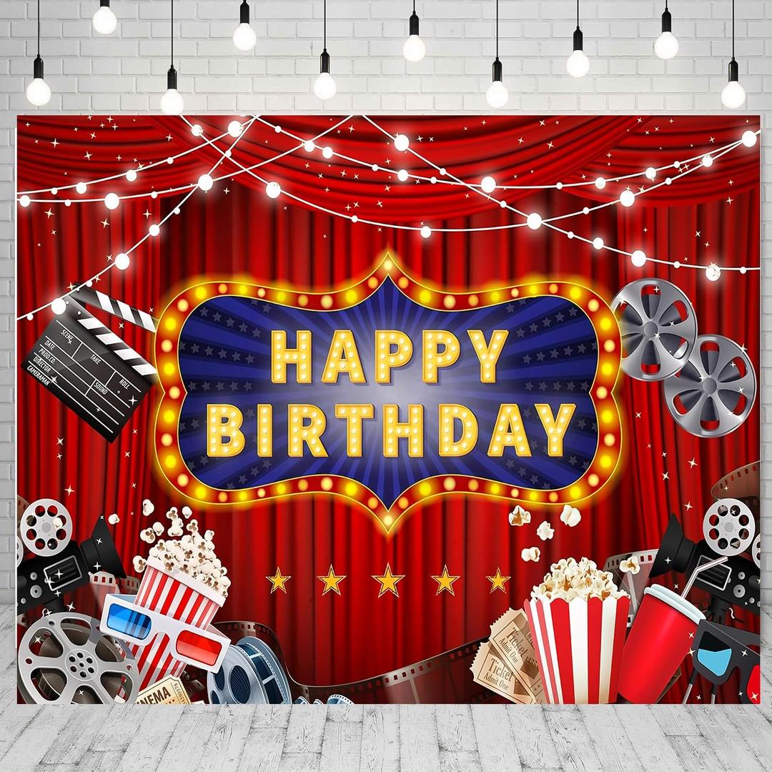 Movie Night Theme Birthday Backdrop for Party Decorations 10x8ft Lights Camera Action Red Curtains Popcorn Photoshoot Background Large Fabric Adults Party Decorations