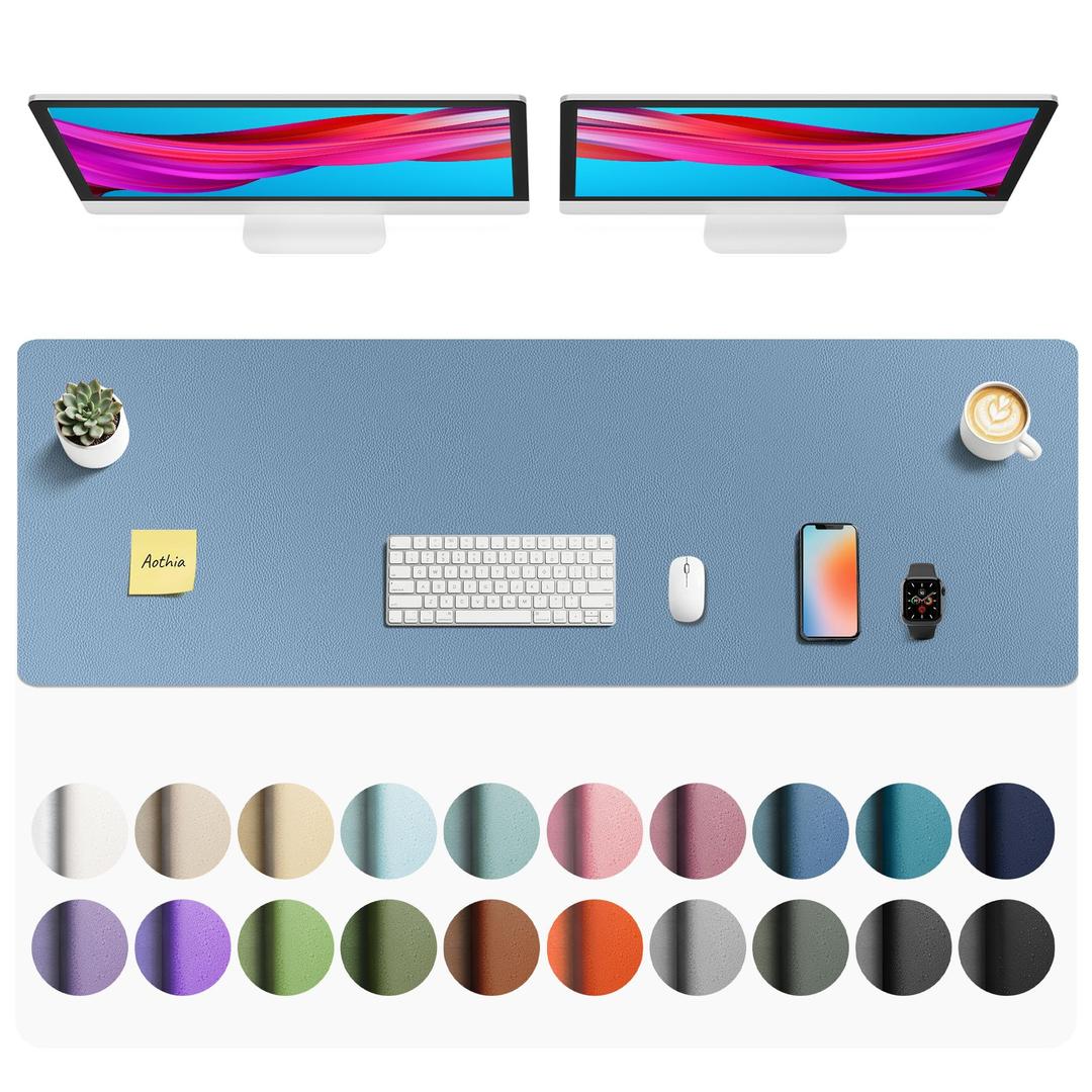 Aothia Faux Leather Desk Mat - Non-Slip PU Leather Desk Blotter, Waterproof Writing Surface, Large Desk Pad for Office & Home (Denim Blue, 55" x 17")