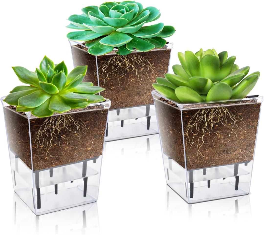 Self Watering Pots Set, 3 Pack 2.7 Inch Pots for Indoor Plants, Clear Nursery Planter with Deep Reservoir for Succulents, Seedlings, Small Plants