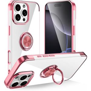 Tnarru Designed for iPhone 16 Pro Clear Case with Stand [Magnetic Ring Holder Kickstand] Soft TPU Bumper Non-Yellowing Anti-Scratch Lightweight Slim for iPhone 16 Pro Case Pink
