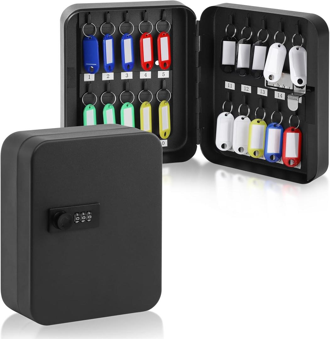 KYODOLED 20 Key Storage Lock Box with Code, Key Cabinet Organizer Wall Mount with Combination Lock, Hooks & Labels for Home, Office & Rental Properties, 7.87 x 6.3 x 3.14 in, Black